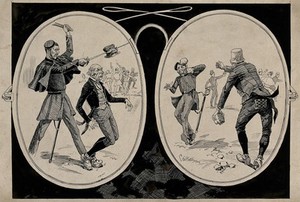 view A pair of spectacles: left, a policeman pierces W.E. Gladstone's hat with his sword; right, a man is about to throw a stone at a policeman. Drawing by G. Hutchinson, ca. 1890.