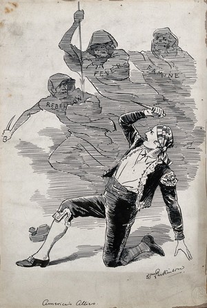 view A man representing Spain is about to stab three hooded skeletons representing rebellion, fever and famine; representing the position of Spain in the Spanish-American War, 1898. Drawing by W. Parkinson, ca. 1898.