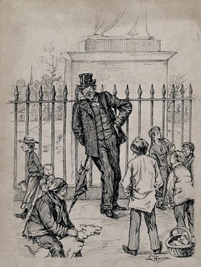 A drunk man holding a broken umbrella is leaning against the railings of a park; children around him. Drawing by L.(?) Harris, ca. 1890.