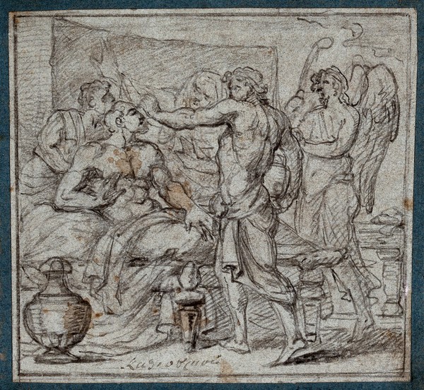 Tobias anointing his father Tobit's eyes. Black chalk drawing.