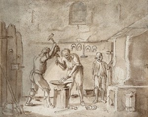 view A blacksmith's forge: smiths making horseshoes. Pen and ink drawing.