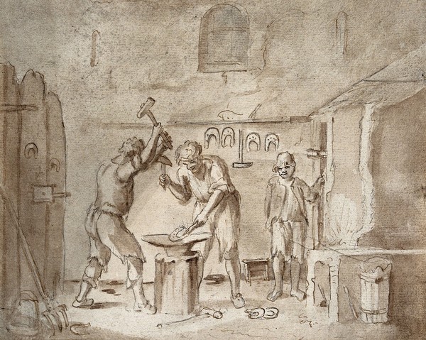 A blacksmith's forge: smiths making horseshoes. Pen and ink drawing after A. Both.