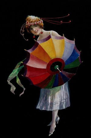 view A young woman holding a multi-coloured umbrella. Gouache drawing.