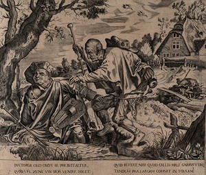 view The parable of the blind leading the blind: two blind men walk into a stream. Engraving after H. Bosch.