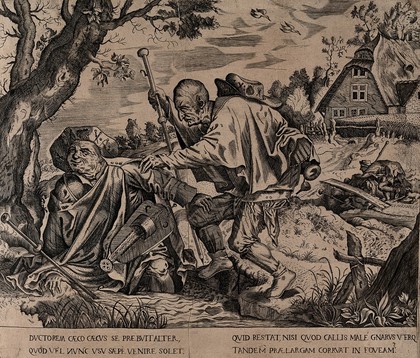 The parable of the blind leading the blind: two blind men walk into a stream. Engraving after H. Bosch.