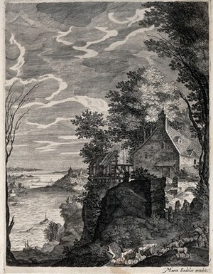 view Goatherds driving their flock in a river landscape. Engraving, 16--.
