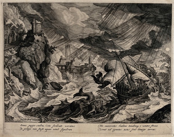 Jonah and the whale. Engraving after P. Brill.