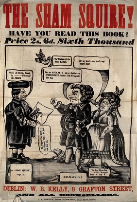 Francis Higgins, "The sham squire", defends himself against imputations. Woodcut, 1866.