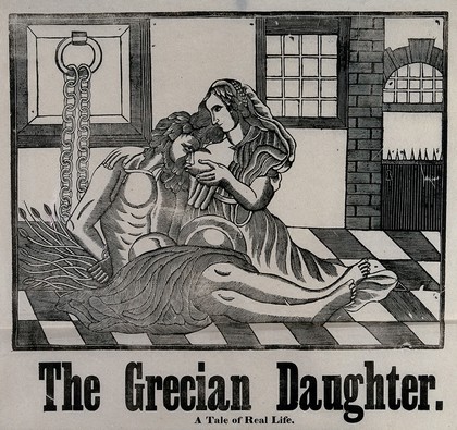 Cimon in prison sucks at the breast of his daughter Pero. Woodcut and letterpress, ca. 1850 (?).