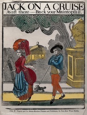 A young sailor follows a young woman wearing a lavish dress who is walking in a garden; belvedere in the background. Coloured woodcut, ca. 1850 (?).