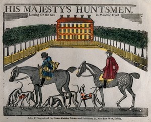 view Windsor Forest and Windsor Great Park: two mounted huntsmen with their hounds; in the background, a mansion surrounded by trees. Coloured woodcut, ca. 1850.