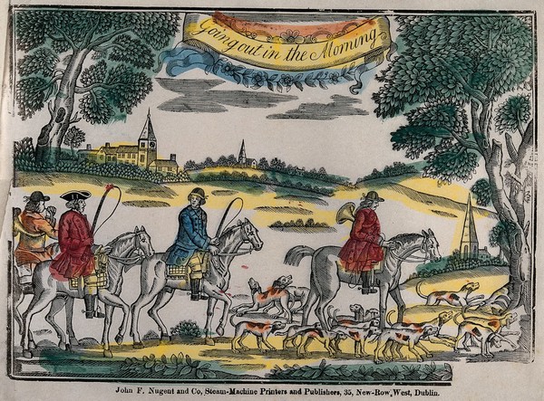 Four hunters on horseback with hounds, setting off for the hunt; a village in the background. Coloured woodcut, ca. 1850.