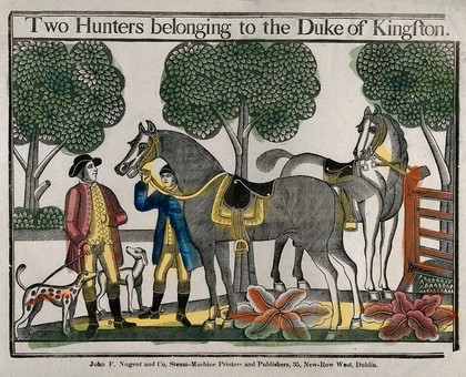 Two hunting horses belonging to the 2nd Duke of Kingston, with two hounds and two horsemen. Coloured woodcut, ca. 1850 (?).