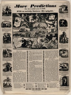 Political and social events of 1830 as predicted by Raphael; twelve months of the year on each side of the central image. Wood engraving and letterpress, 1830.