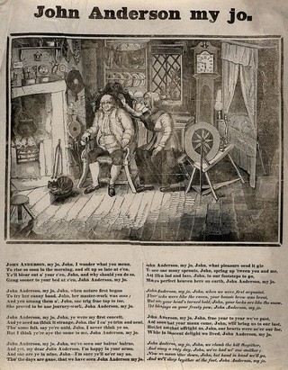 John Anderson and his wife seated by a fire in a modest house; a cat sleeping on a stool in front of the chimney. Woodcut after R. Burns, 18--.