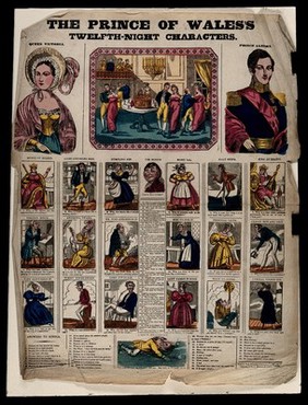 Top left, Queen Victoria; top centre, couples dancing during a ball; top right, Prince Albert; below, various characters. Coloured woodcut, 1840.