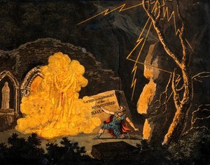 view The ghost of Ravia, dressed in white with blood on her dress, appears to her husband Cazem during a storm at night, in front of Gothic ruins, and asks him to avenge her murder. Coloured aquatint, ca. 1810.