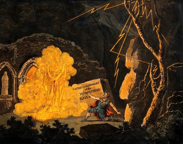 The ghost of Ravia, dressed in white with blood on her dress, appears to her husband Cazem during a storm at night, in front of Gothic ruins, and asks him to avenge her murder. Coloured aquatint, ca. 1810.