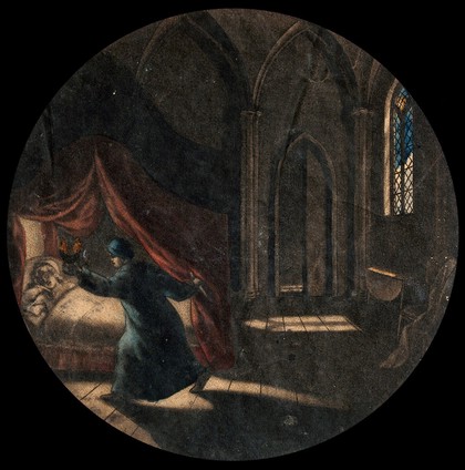 A man holding an oil lamp and a dagger is standing next to a woman asleep in a canopied bed; Gothic window in the background. Coloured mezzotint, ca. 1800.