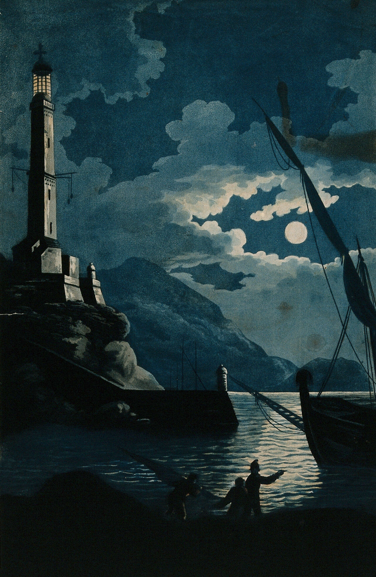 The lighthouse of Genoa at night; a ship and three men in the foreground. Aquatint by H. Merke after Serres, 16 March 1800., 16 March 1800, by Serres