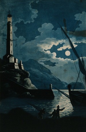 view The lighthouse of Genoa at night; a ship and three men in the foreground. Aquatint by H. Merke after Serres, 16 March 1800.