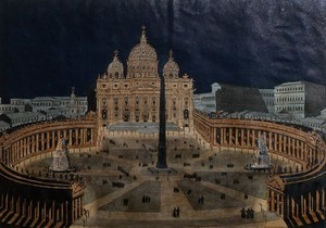 view Basilica of Saint Peter, Vatican: the church and the colonnade, lit by lamps at night. Coloured etching.