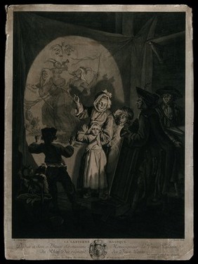 A man is projecting on to a sheet the images of a magic lantern to three children. Etching by J. Ouvrier after J.E. Schenau, 17--.