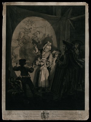 view A man is projecting on to a sheet the images of a magic lantern to three children. Etching by J. Ouvrier after J.E. Schenau, 17--.