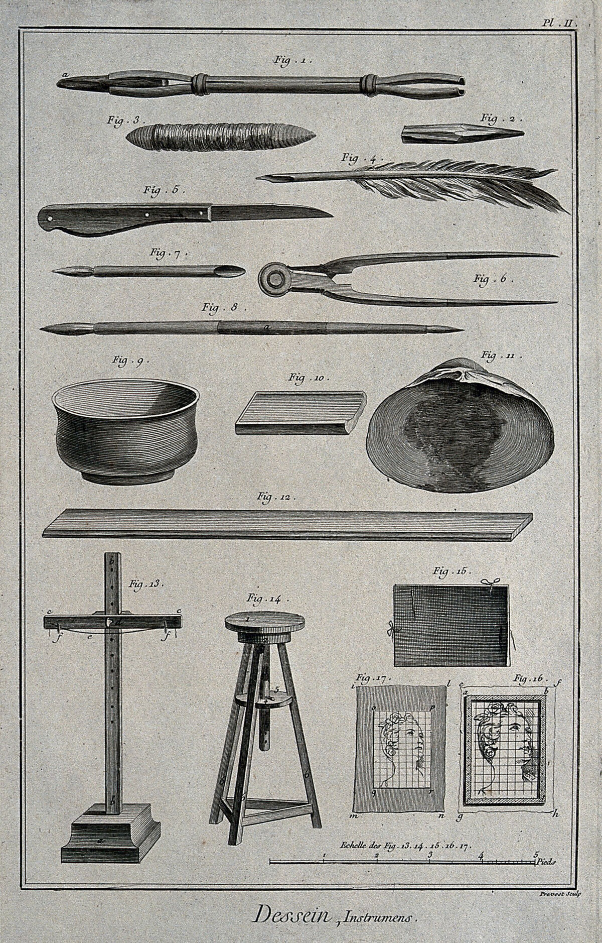 Drawing instruments and stands. Engraving by B.L. Prevost., by Benoît-Louis Prévost