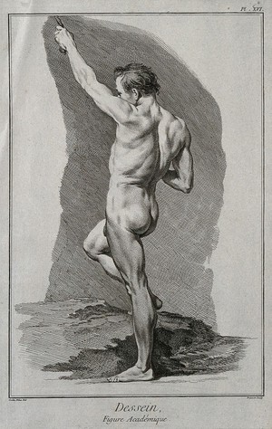 view A standing male nude figure seen from behind. Engraving by B.L. Prevost after C.N. Cochin.