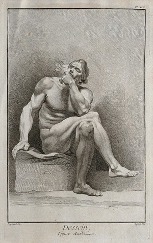 view A seated male nude figure. Engraving by Defehrt after J.H. Fragonard.