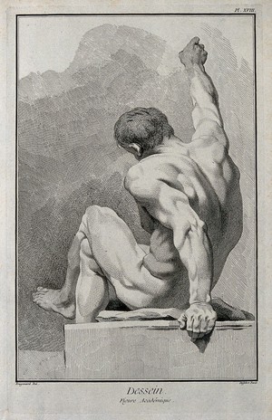 view A seated male nude figure with right arm outstretched, seen from behind. Engraving by Defehrt after J.H. Fragonard.