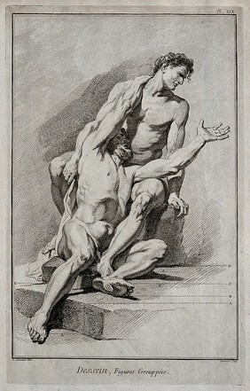 A bearded male nude figure with outstretched arms imploring a young seated male nude figure at whose feet he sits. Engraving by B.L. Prevost after J. Jouvenet.