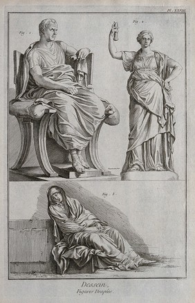A seated Roman in a toga; a standing figure of Faustina Junior; a draped seated female figure. Engraving by Defehrt after E. Bouchardon and L. de la Hyre.