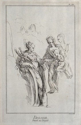 The marriage of Saint Catherine. Engraving by B.L. Prevost after G.F.M. Mazzola, il Parmigianino.