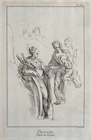 view The marriage of Saint Catherine. Engraving by B.L. Prevost after G.F.M. Mazzola, il Parmigianino.