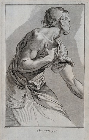 view A young draped man looking backwards. Engraving by Defehrt after A. Carracci.