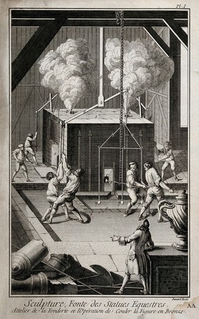 A bronze foundry for equestrian statues with a furnace being worked by assistants; fragments of cannon lying in the foreground. Engraving by R. Bénard.
