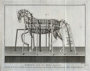 view The preparatory iron armature for an equestrian statue. Engraving by R. Bénard.