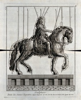 Wax model of an equestrian statue of Louis XIV fixed with its runners and risers in preparation for its casting in bronze. Engraving by R. Bénard.
