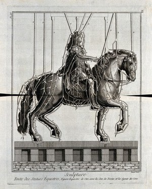 view Wax model of an equestrian statue of Louis XIV fixed with its runners and risers in preparation for its casting in bronze. Engraving by R. Bénard.