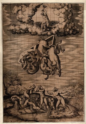 The fall of Phaethon. Engraving after N. Beatrizet after M. Buonarroti.