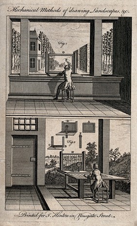 A seated man drawing a view onto a framed piece of glass and a seated man drawing from a perspective grid. Etching.