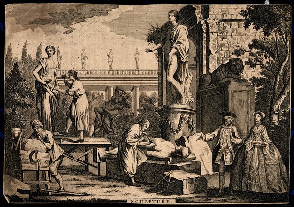 A sculptor's yard with sculptors working on statues; further completed sculptures around, and an elegant couple looking on. Engraving.