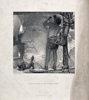 view Three sculptors carving a colossal marble head. Etching by L. Lowenstam after Sir L. Alma-Tadema.