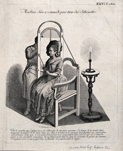 A man drawing the silhouette of a seated woman on translucent paper suspended in a frame and lit by a candle. Etching by J.R. Schellenberg, 1783.