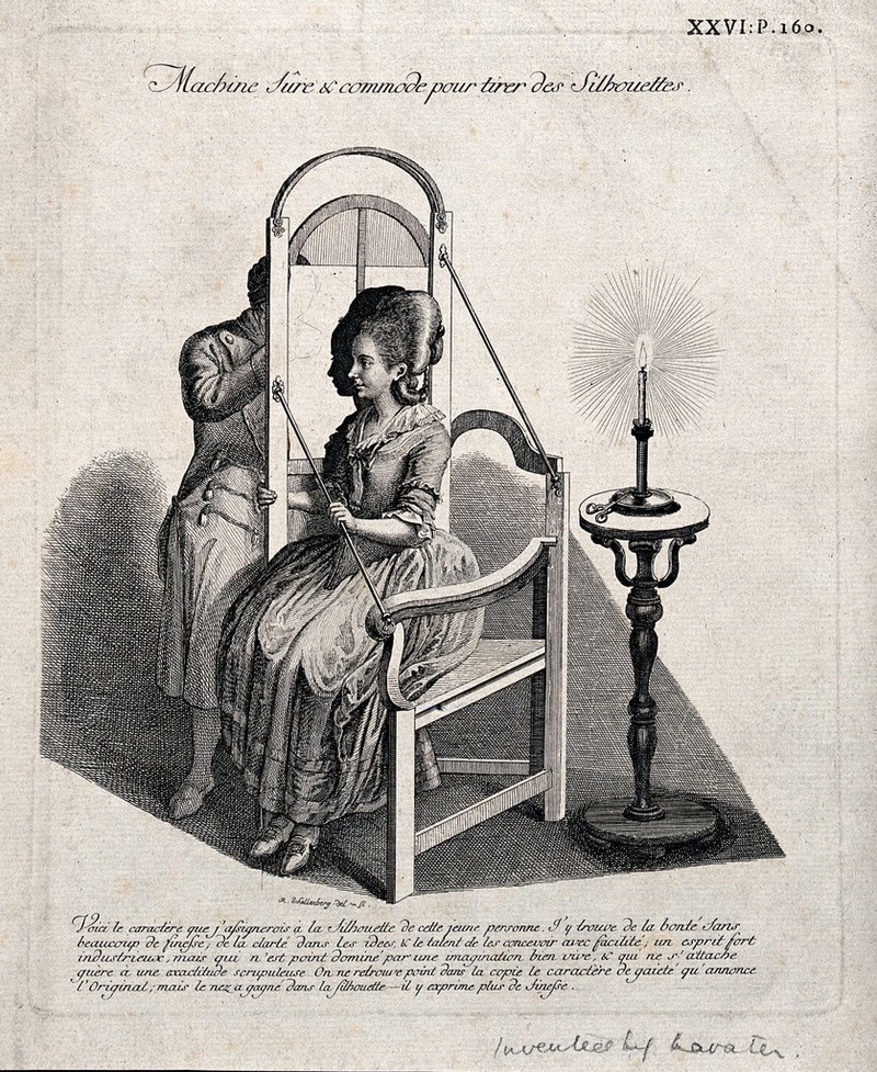 A man drawing the silhouette of a seated woman on translucent paper suspended in a frame and lit by a candle. Etching by J.R. Schellenberg, 1783., [1783], by Johann Rudolph Schellenberg