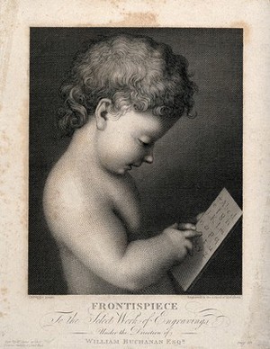 view Cupid learning to read the letters of the alphabet. Engraving after A. Allegri, il Corrreggio.