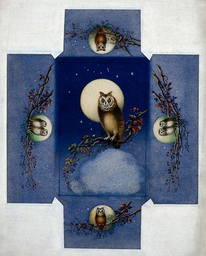 view Design for a box with owls perched on branches against a full moon. Gouache.
