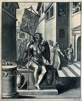 Harpocrates, god of silence, holding a Roman standard and holding his finger to his lips; behind him the child Papirius receives a crowd at the steps of his house. Etching by S. Mulinari after O. Vaenius.